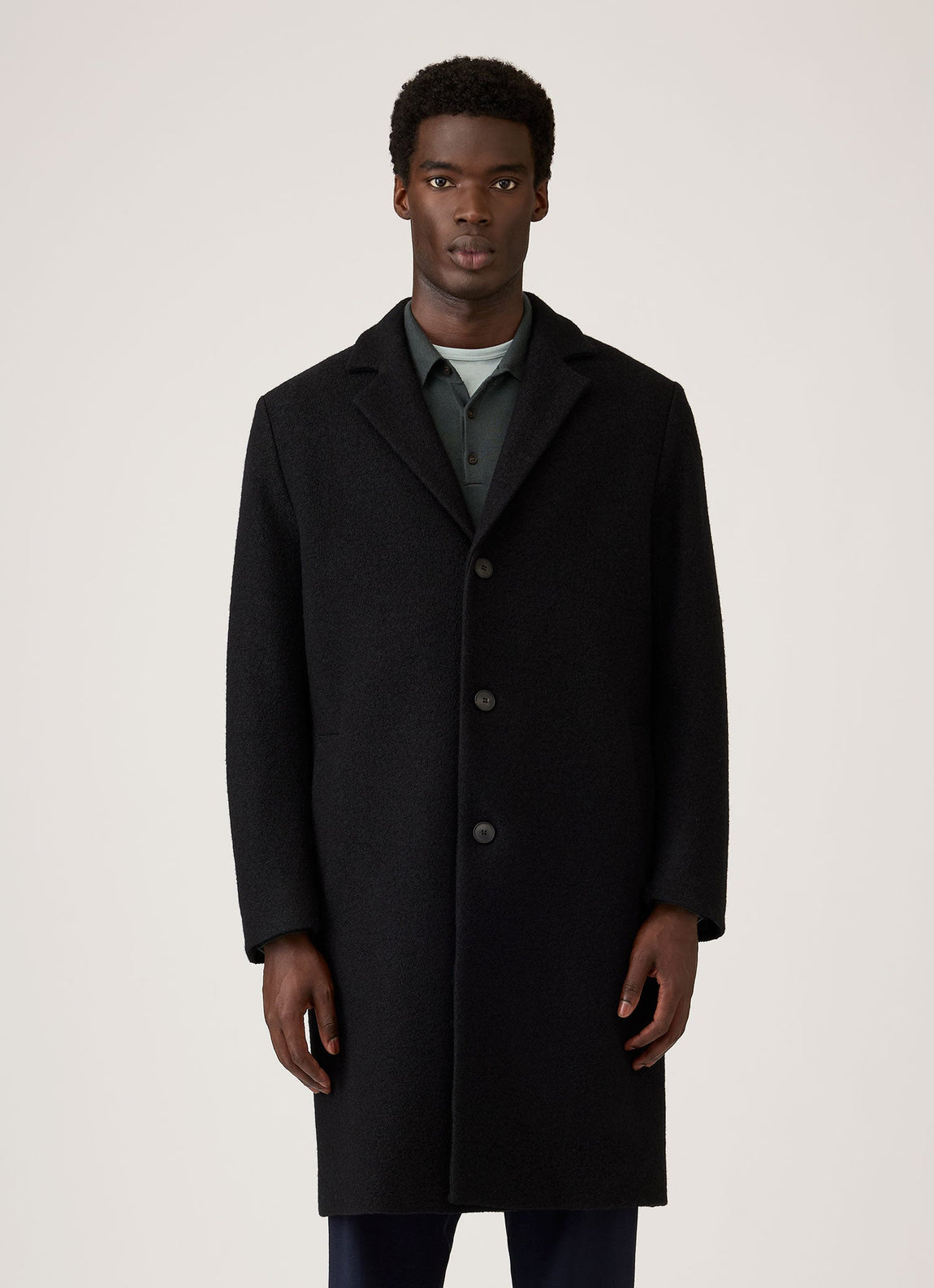 Men's Heavy Boiled Wool Jersey Overcoat in Black