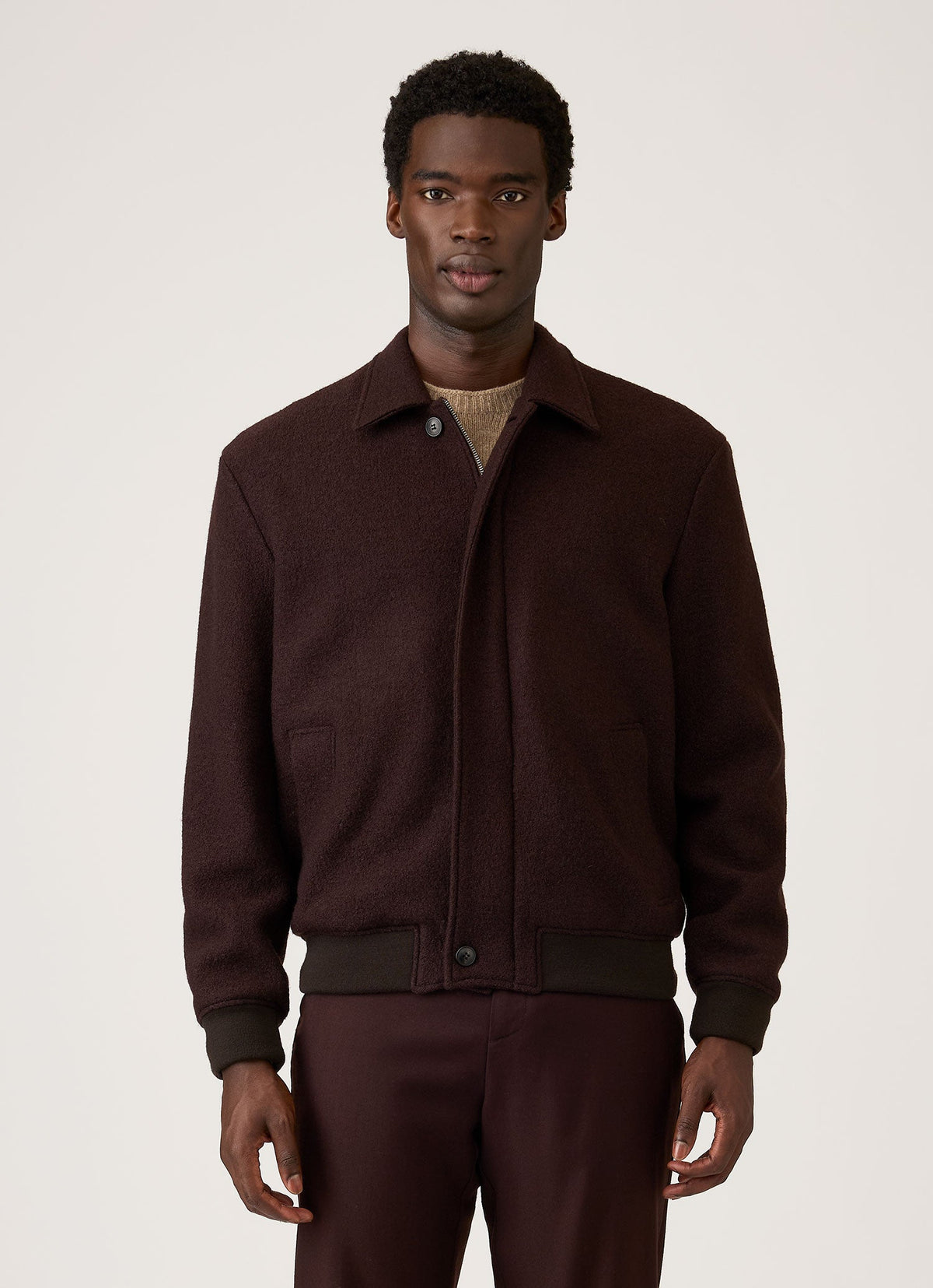 Men's Heavy Boiled Wool Jersey Bomber in Dark Chocolate