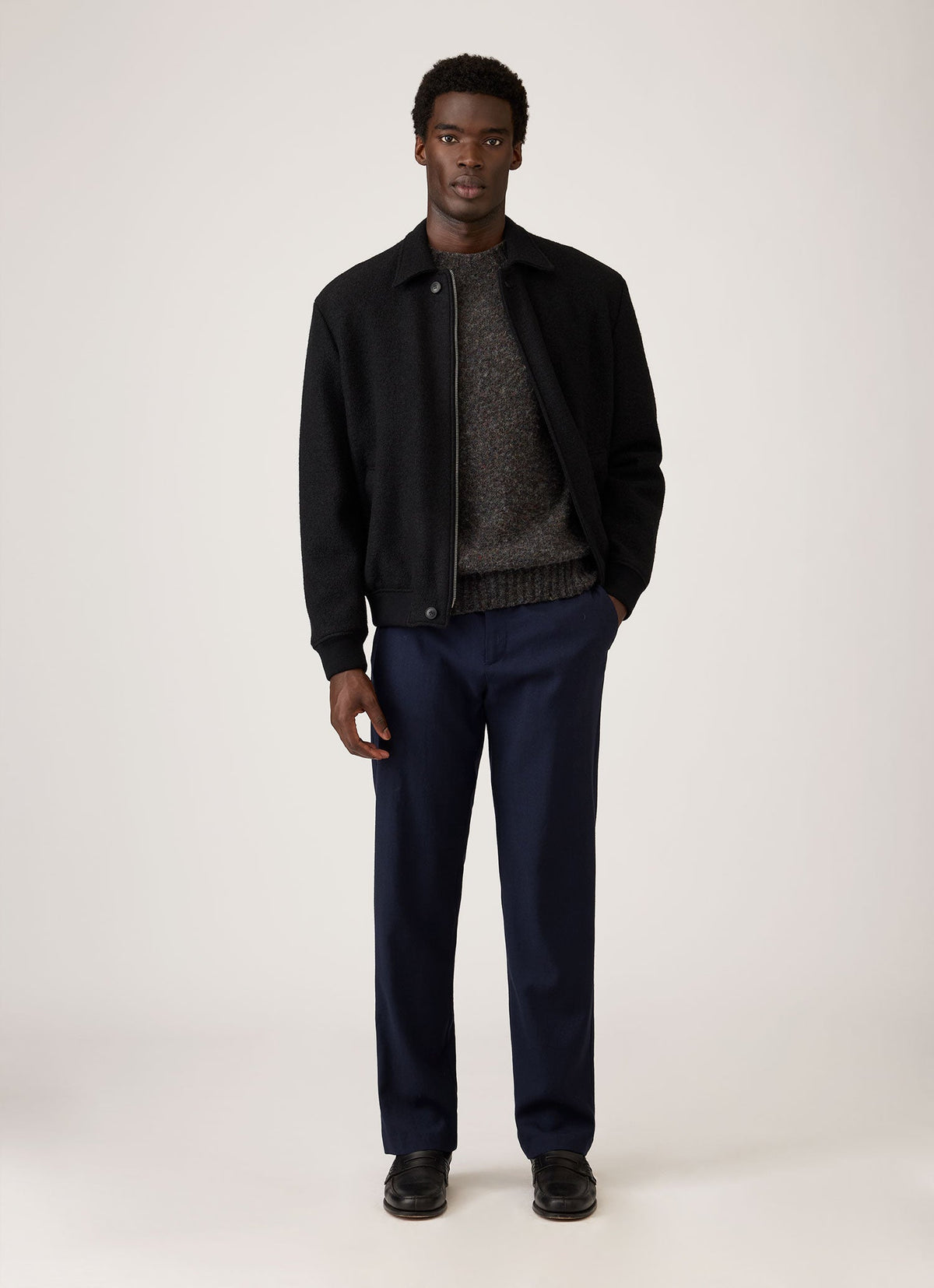 Men's Heavy Boiled Wool Jersey Bomber in Navy