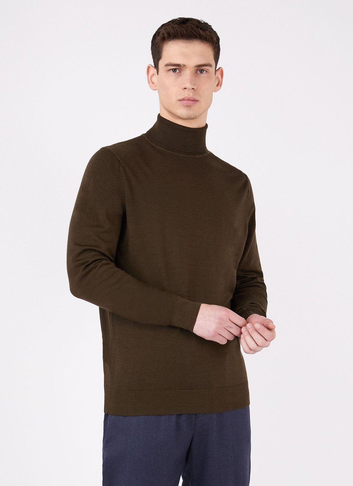 Men's Extra-Fine Merino Roll Neck in Dark Moss