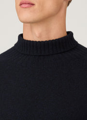Men's Lambswool Roll Neck in Dark Navy Mouline