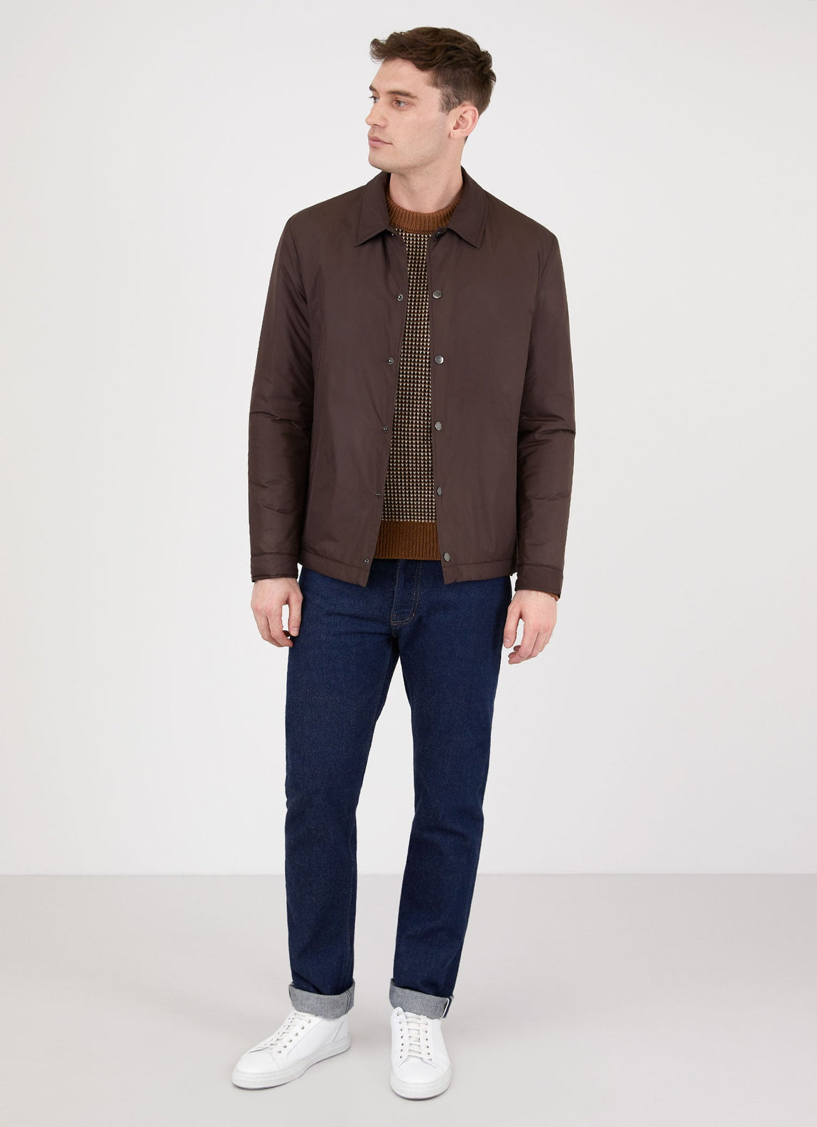 Men's Merino Fisherman Knit Jumper in Camel/Ecru/Black