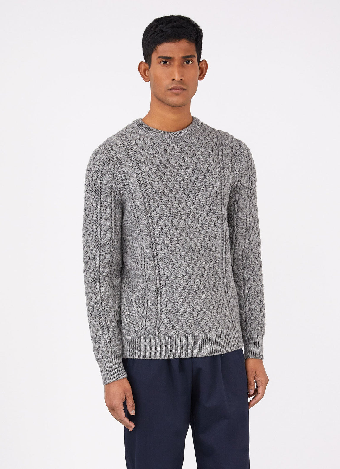 Men's Merino Cable Jumper in Grey Melange