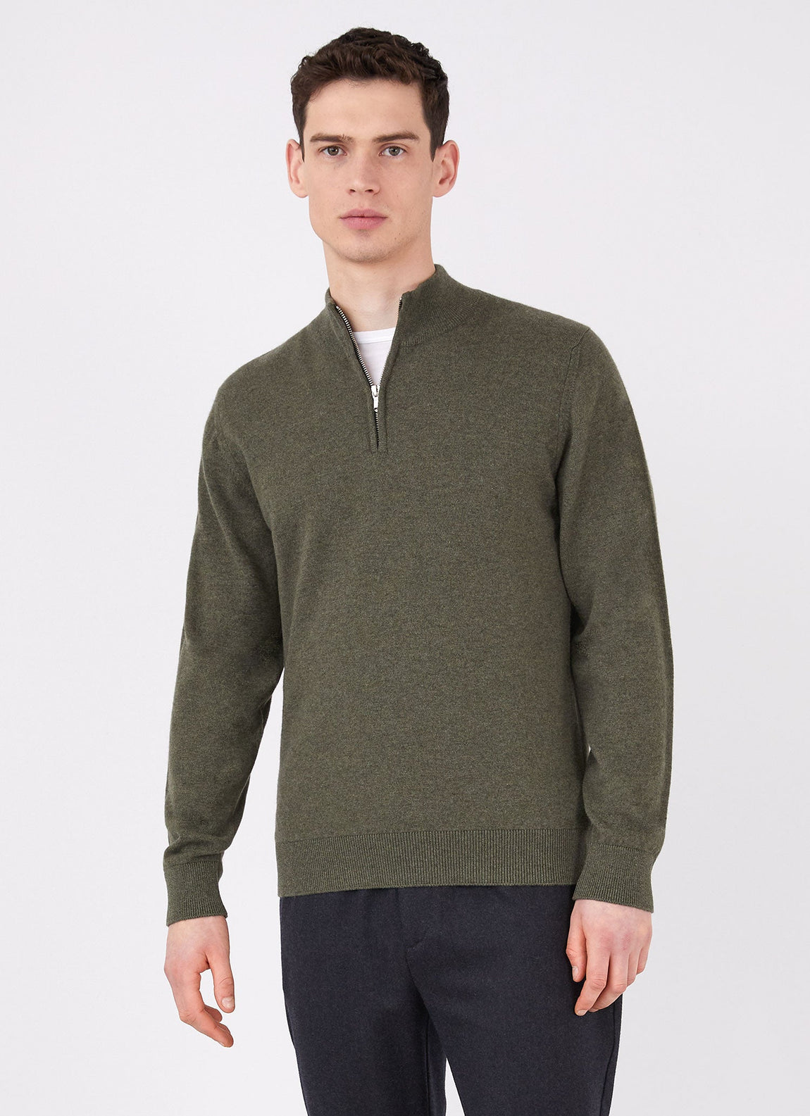 Men's Cashmere Zip Neck Jumper in Dark Moss