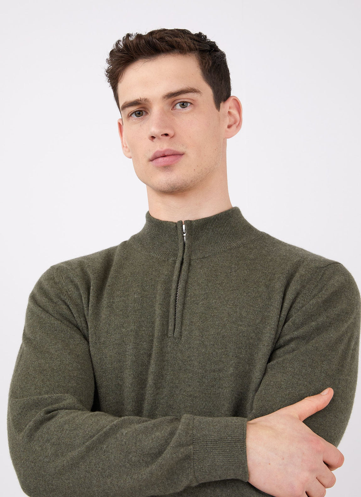 Men's Cashmere Zip Neck Jumper in Dark Moss