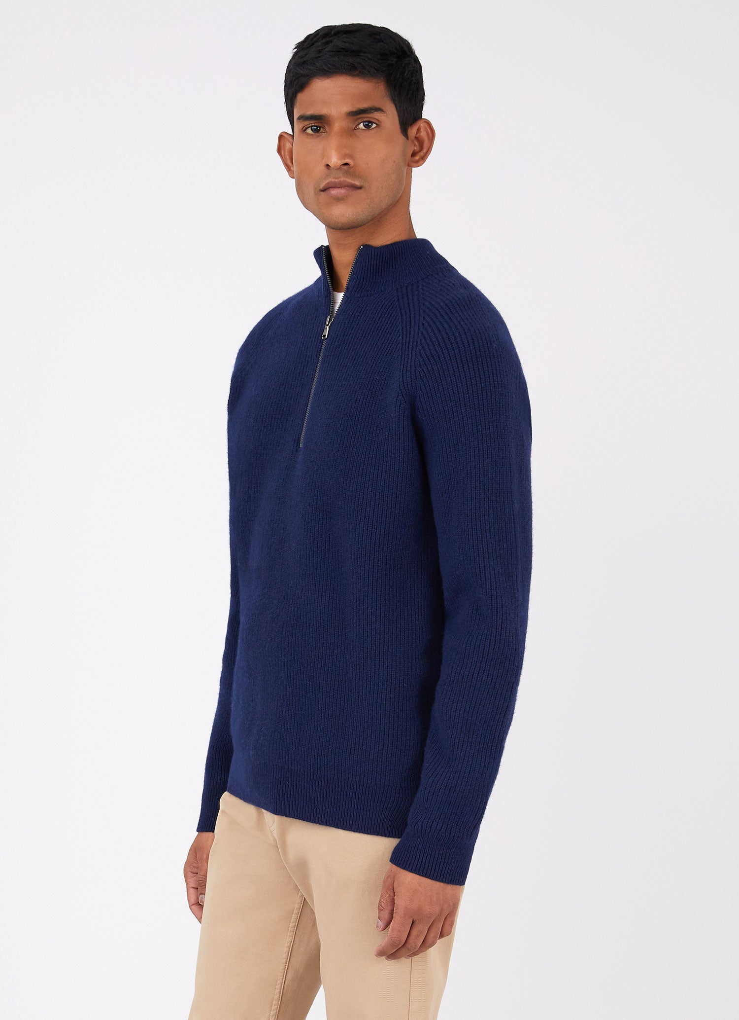 Men's Lambswool Cashmere Zip Neck Jumper in Dark Navy Melange