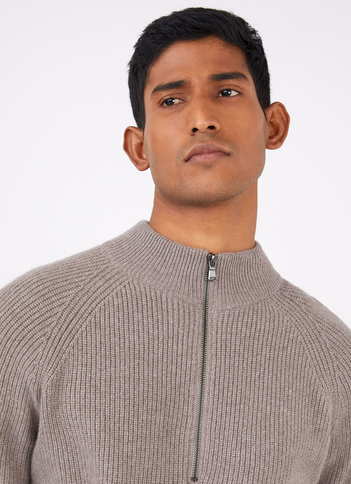 Men's Lambswool Cashmere Zip Neck Jumper in Oatmeal Melange