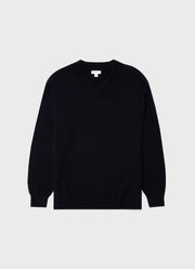Men's Lambswool V-neck Jumper in Dark Navy Mouline