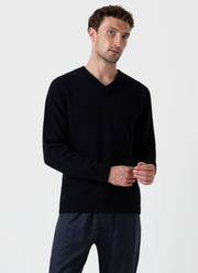 Men's Lambswool V-neck Jumper in Dark Navy Mouline