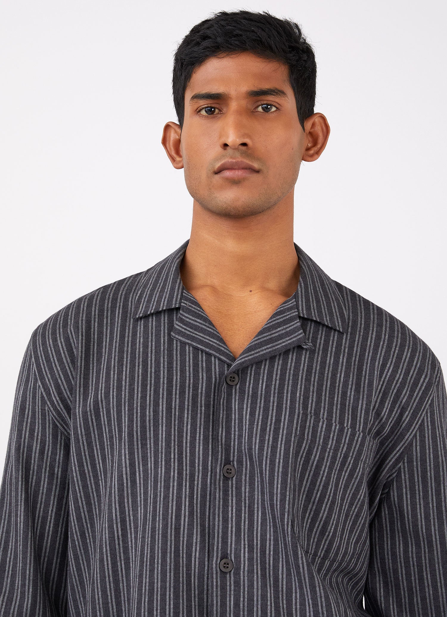 Men's Cotton Flannel Pyjama Shirt in Charcoal/Mid Grey Stripe