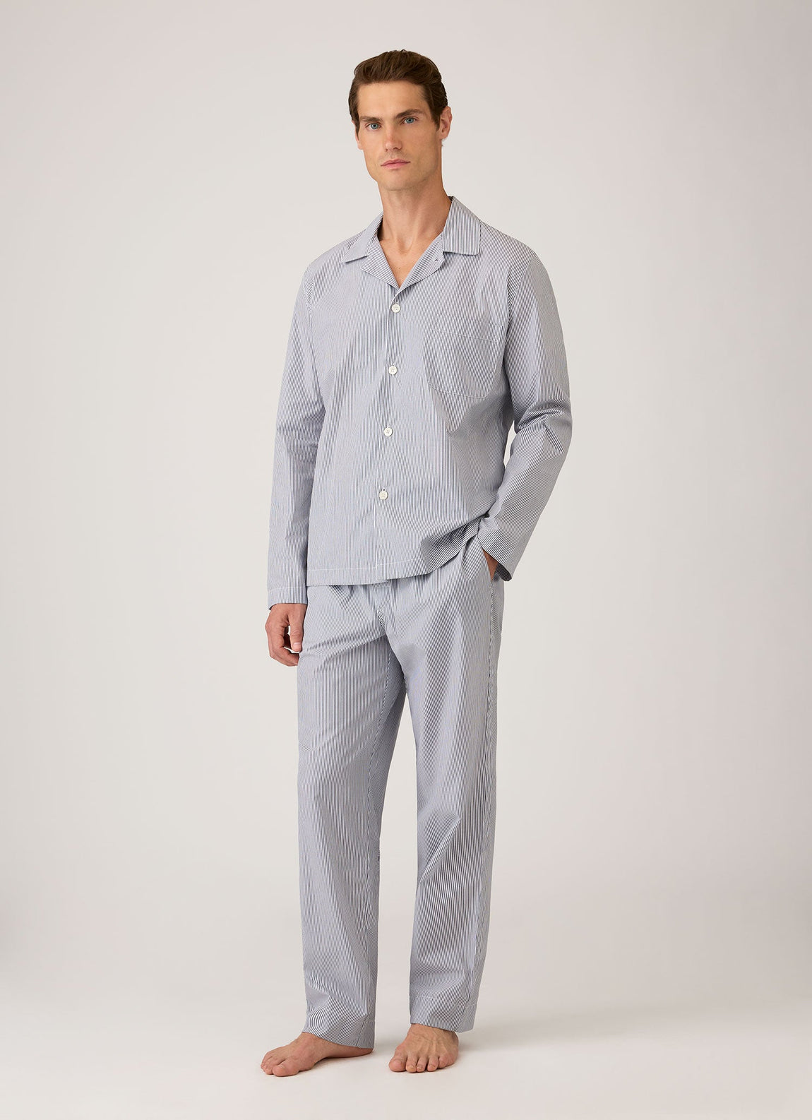 Men's Cotton Poplin Pyjama Shirt in White/Navy/Light Blue