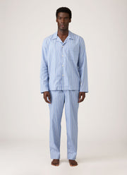 Men's Cotton Poplin Pyjama Shirt in Mid Blue Wide Stripe