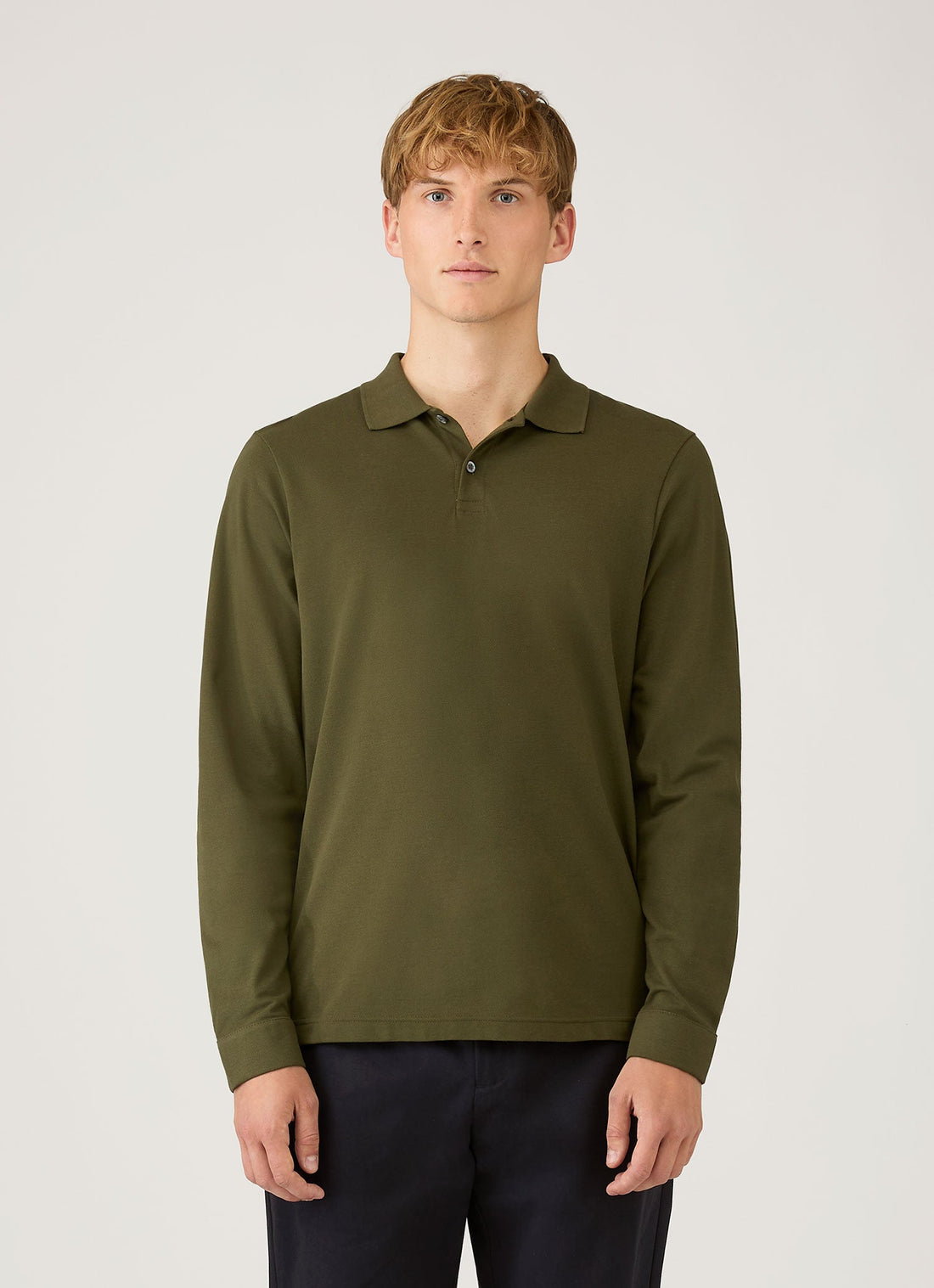 Men's Long Sleeve Piqué Polo Shirt in Deep Olive