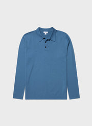 Men's Long Sleeve Sea Island Cotton Knit Polo Shirt in Bluestone