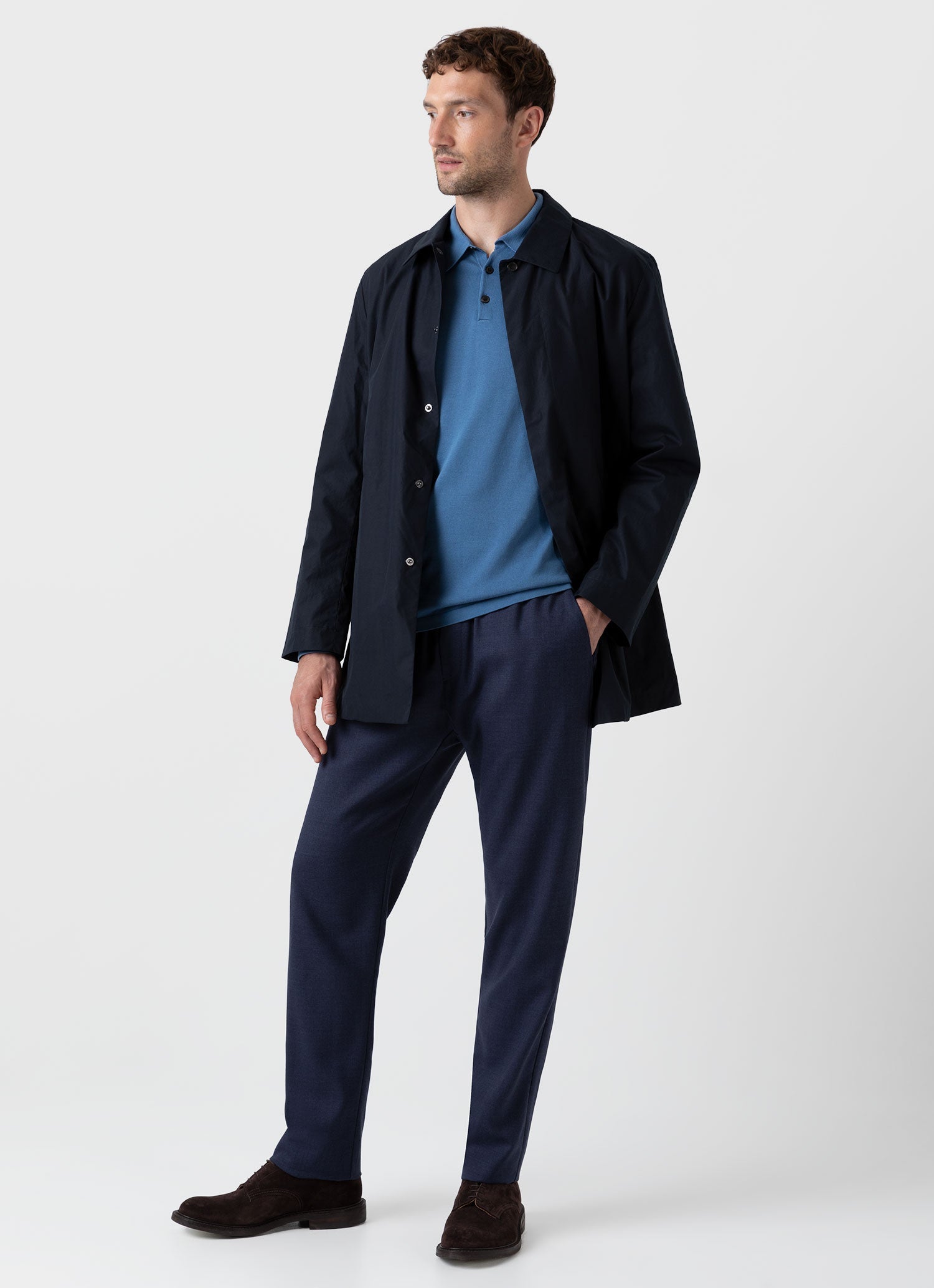 Men's Long Sleeve Sea Island Cotton Knit Polo Shirt in Bluestone