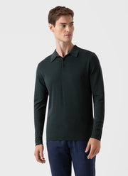 Men's Long Sleeve Sea Island Cotton Knit Polo Shirt in Seaweed