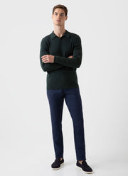 Men's Long Sleeve Sea Island Cotton Knit Polo Shirt in Seaweed