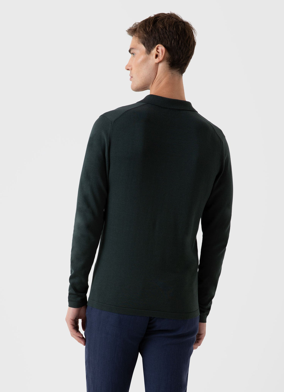 Men's Long Sleeve Sea Island Cotton Knit Polo Shirt in Seaweed