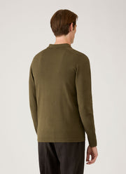 Men's Long Sleeve Sea Island Cotton Knit Polo Shirt in Deep Olive