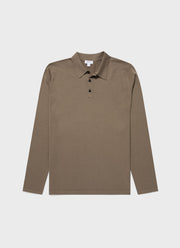Men's Long Sleeve Sea Island Cotton Knit Polo Shirt in Dark Stone