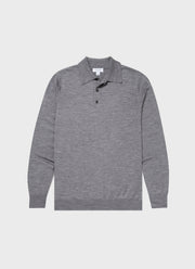 Men's Extra-Fine Merino Knitted Polo Shirt in Mid Grey Melange