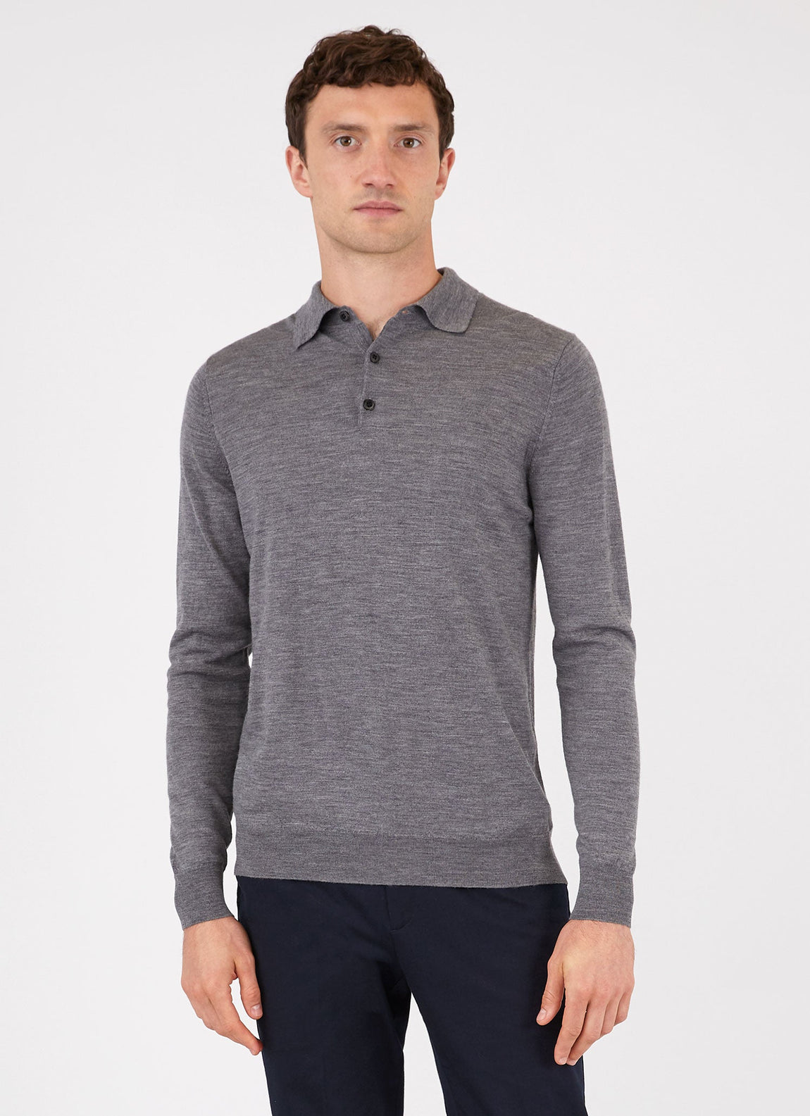 Men's Extra-Fine Merino Knitted Polo Shirt in Mid Grey Melange