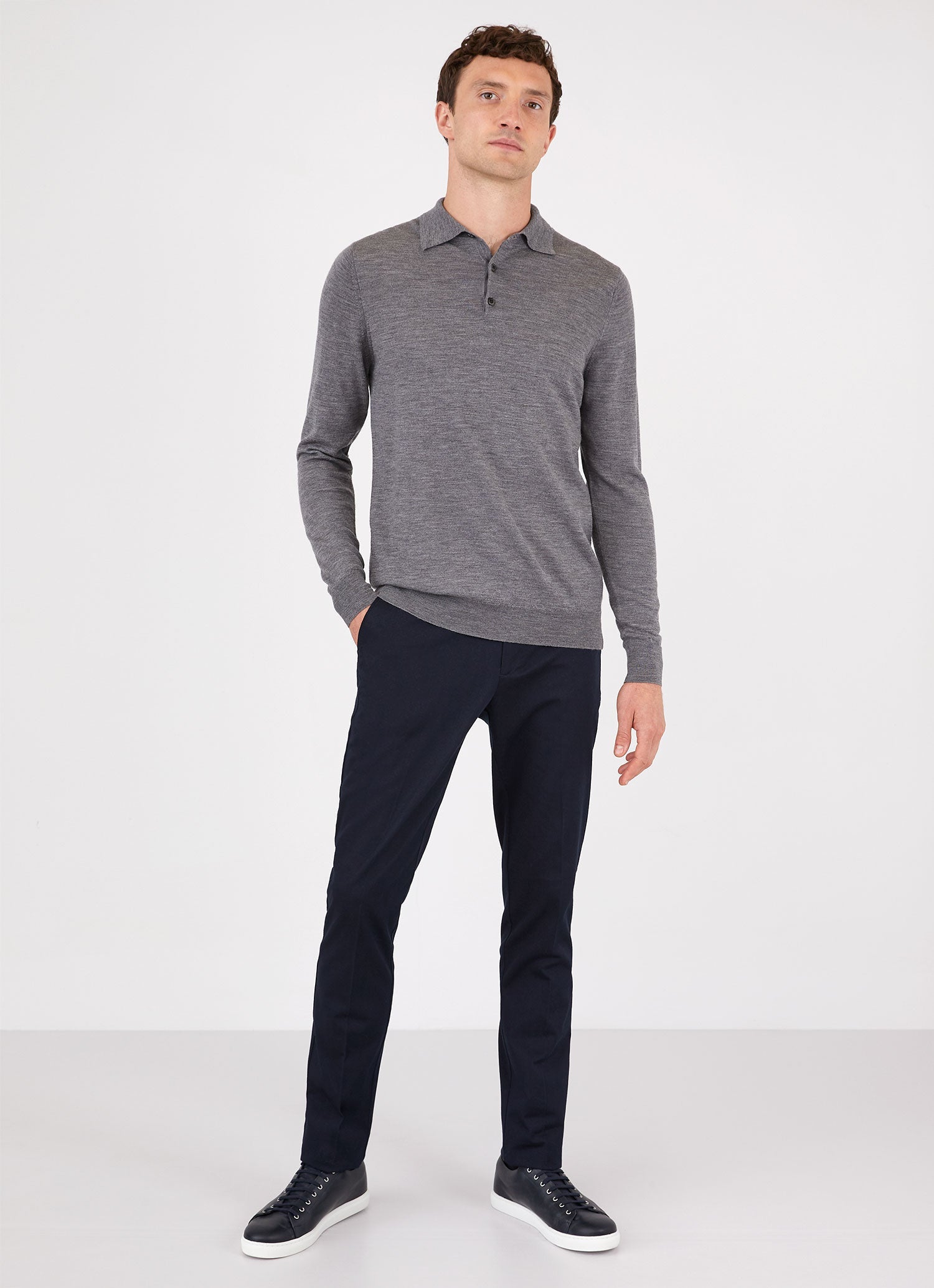 Men's Extra-Fine Merino Knitted Polo Shirt in Mid Grey Melange