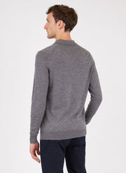 Men's Extra-Fine Merino Knitted Polo Shirt in Mid Grey Melange