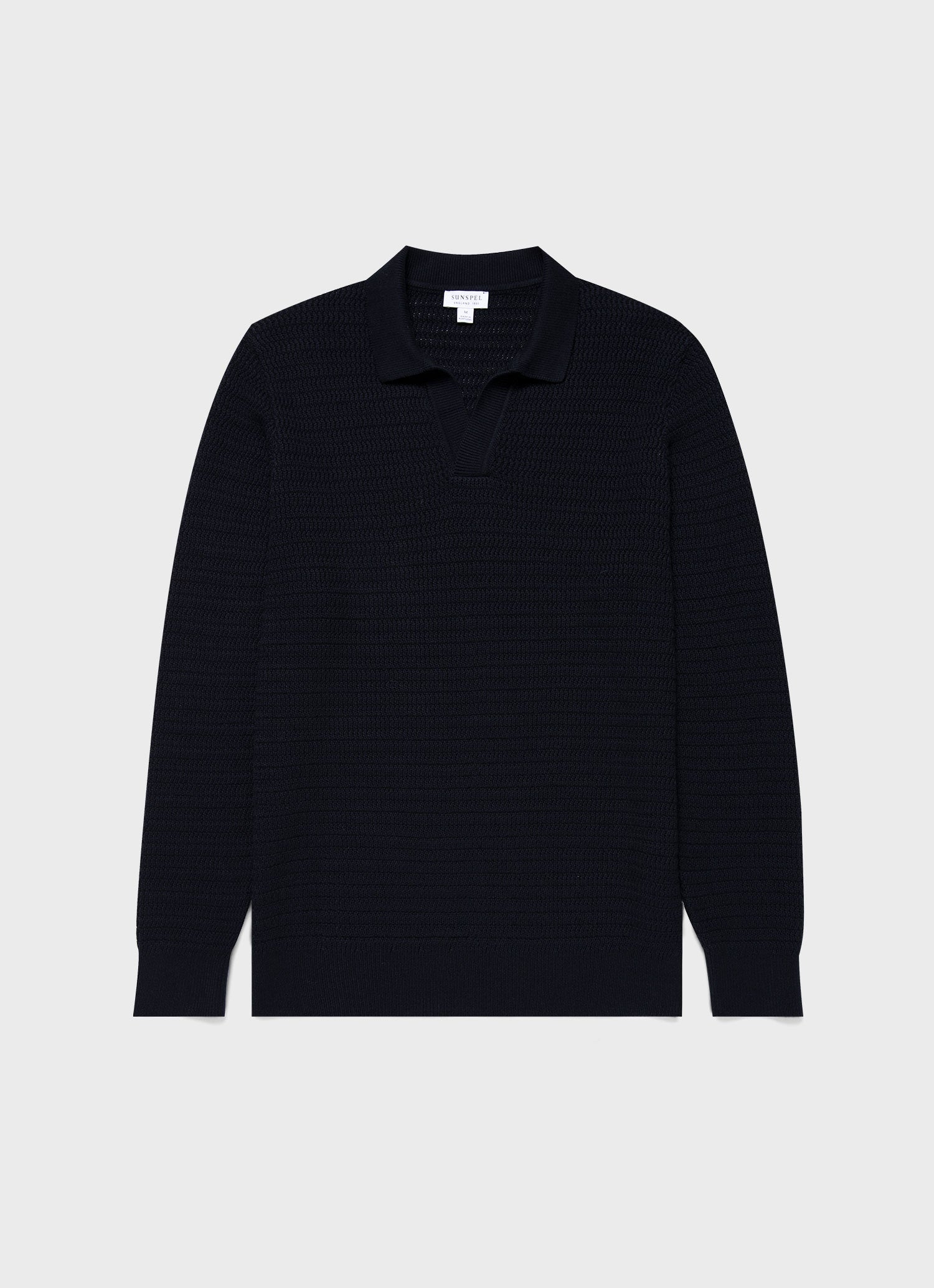 Men's Long Sleeve Textured Cotton Polo Shirt in Navy