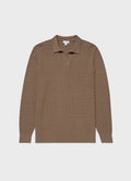 Men's Long Sleeve Textured Cotton Polo Shirt in Dark Stone