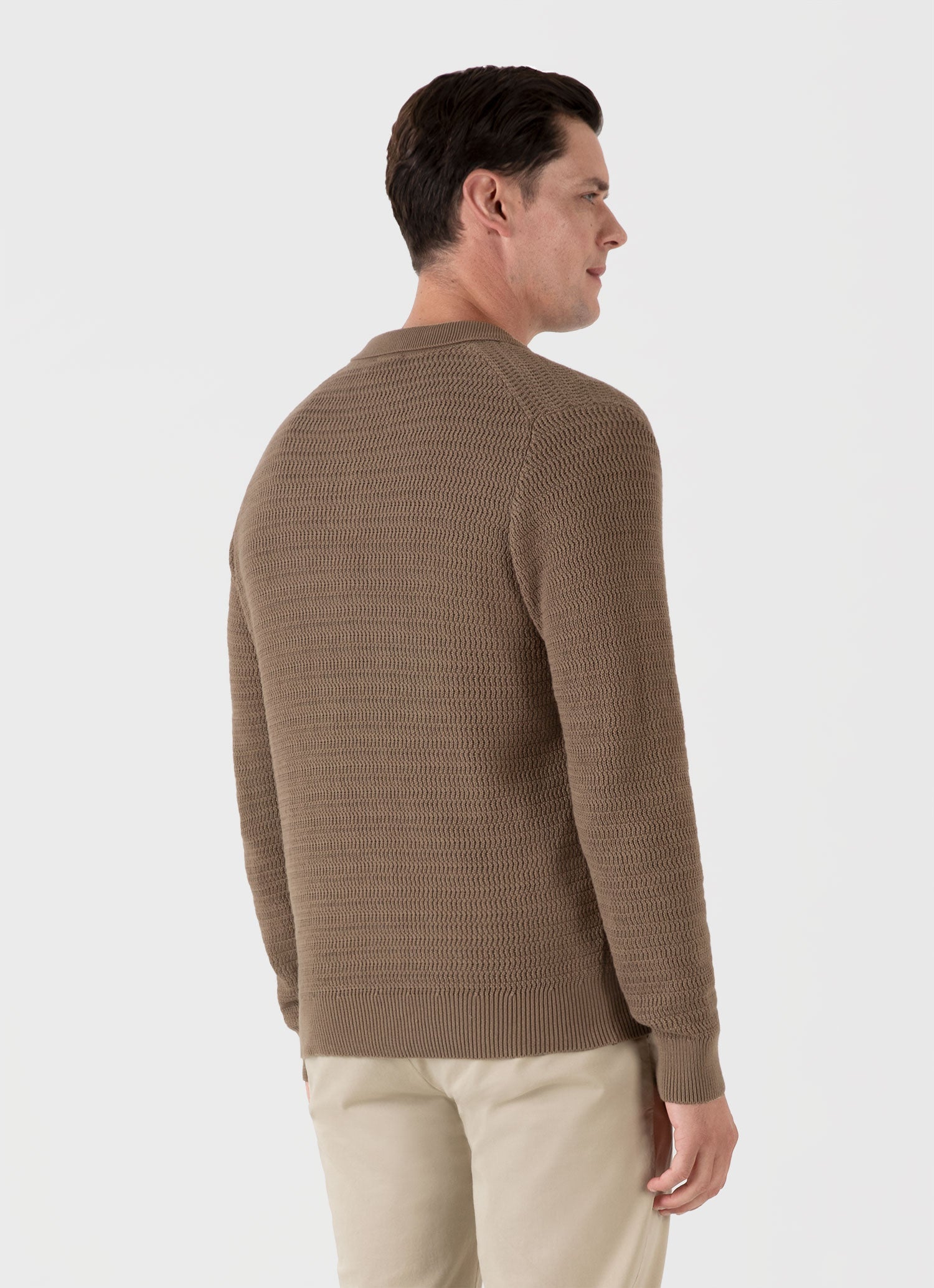 Men's Long Sleeve Textured Cotton Polo Shirt in Dark Stone