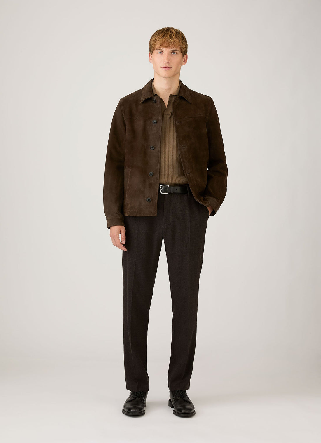 Men's Long Sleeve Fine Rib Silk Cotton Polo in Dark Cedar