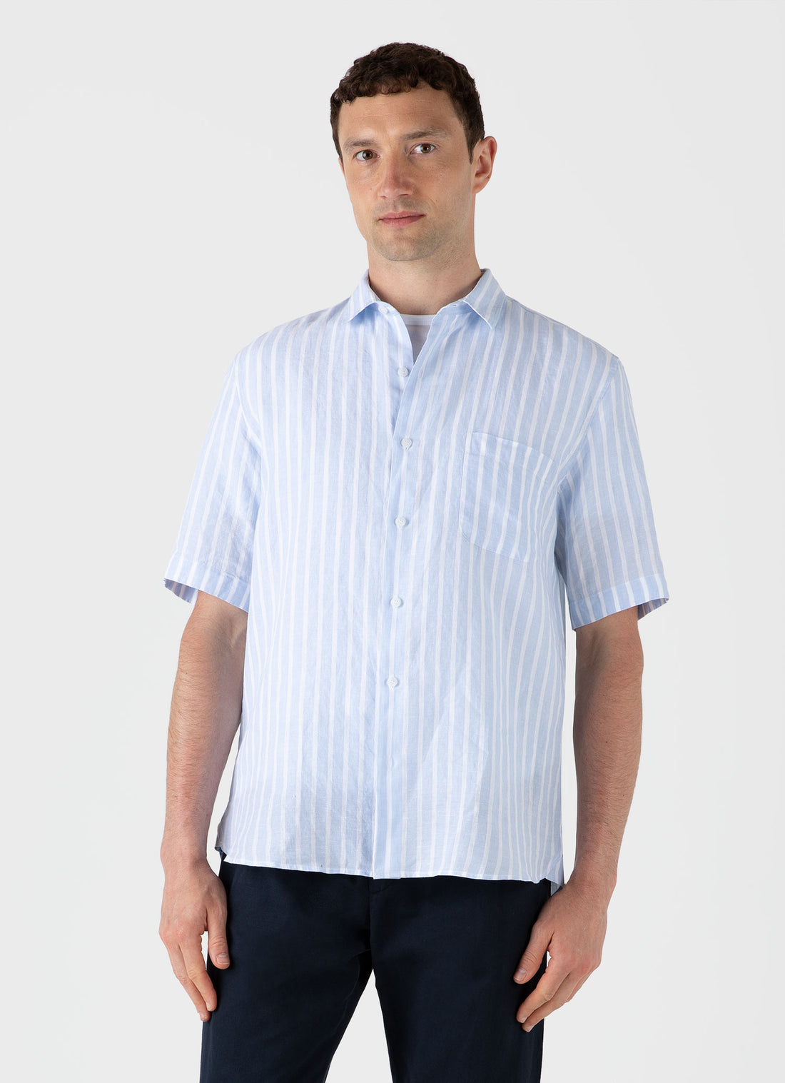 Men's Short Sleeve Linen Shirt in Light Blue/White