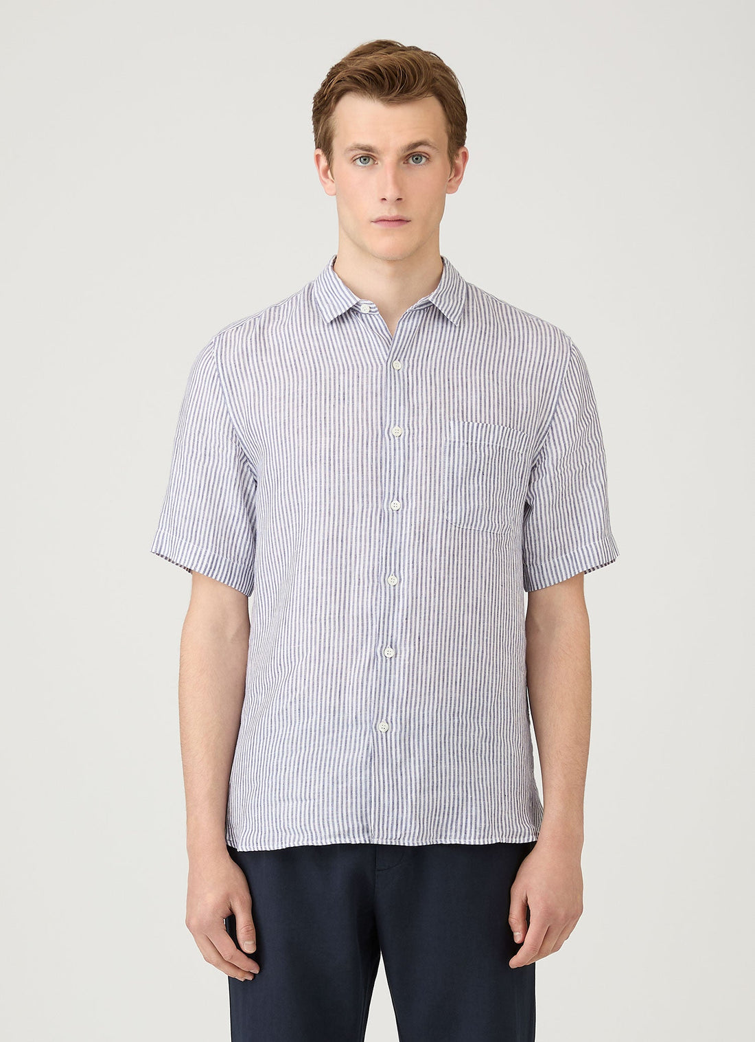 Men's Short Sleeve Linen Shirt in Navy/White Classic Stripe