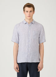 Men's Short Sleeve Linen Shirt in White/Navy