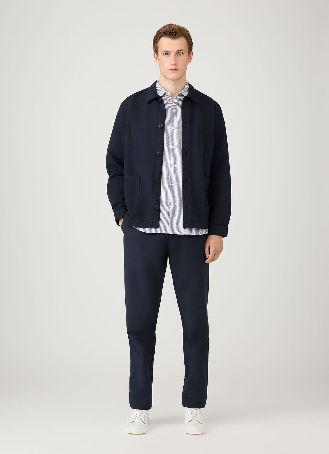 Men's Short Sleeve Linen Shirt in Navy/White Classic Stripe