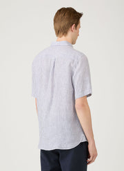 Men's Short Sleeve Linen Shirt in Navy/White Classic Stripe