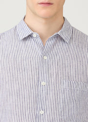 Men's Short Sleeve Linen Shirt in Navy/White Classic Stripe