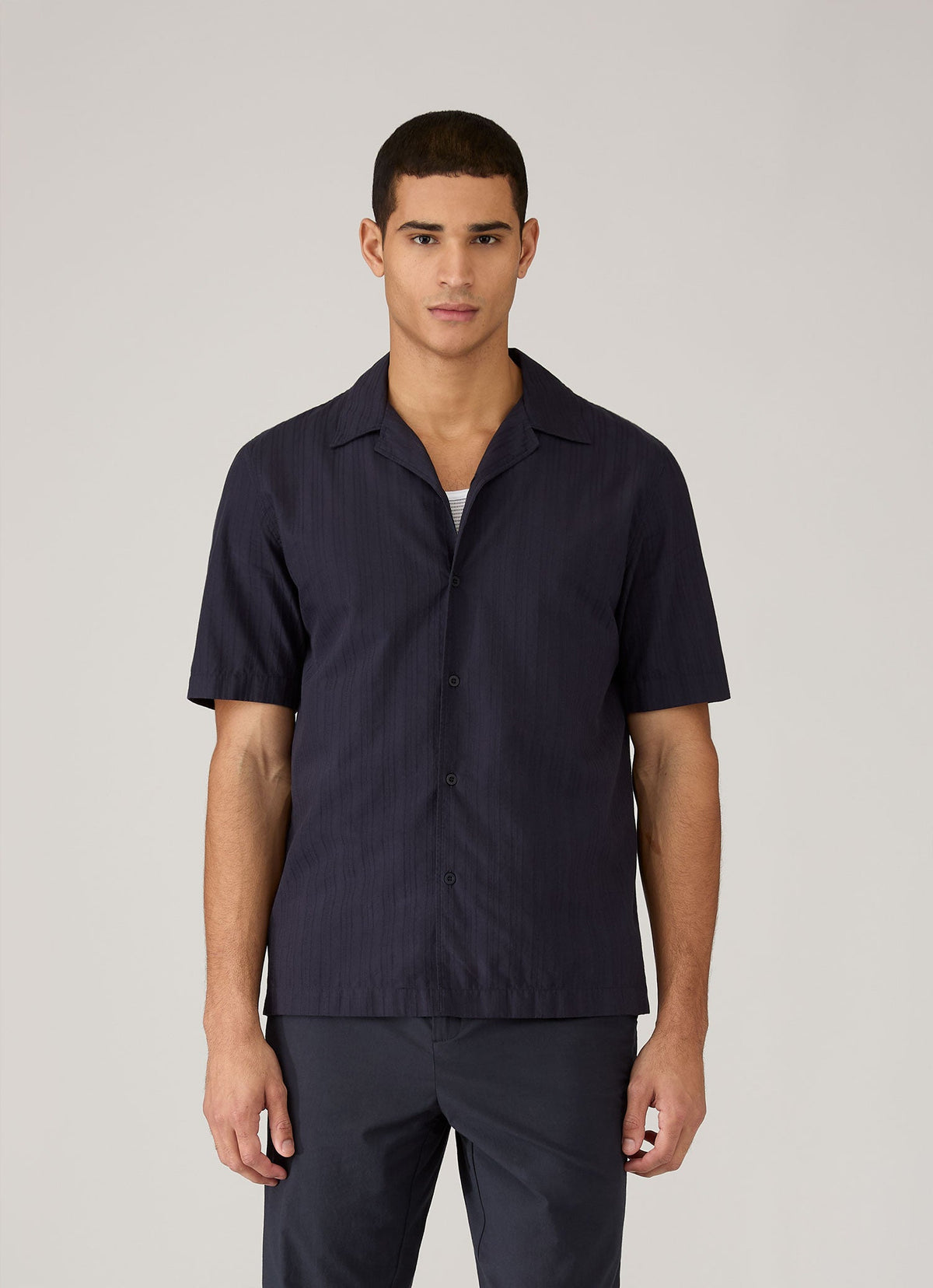 Men's Textured Stripe Camp Collar Shirt in Navy