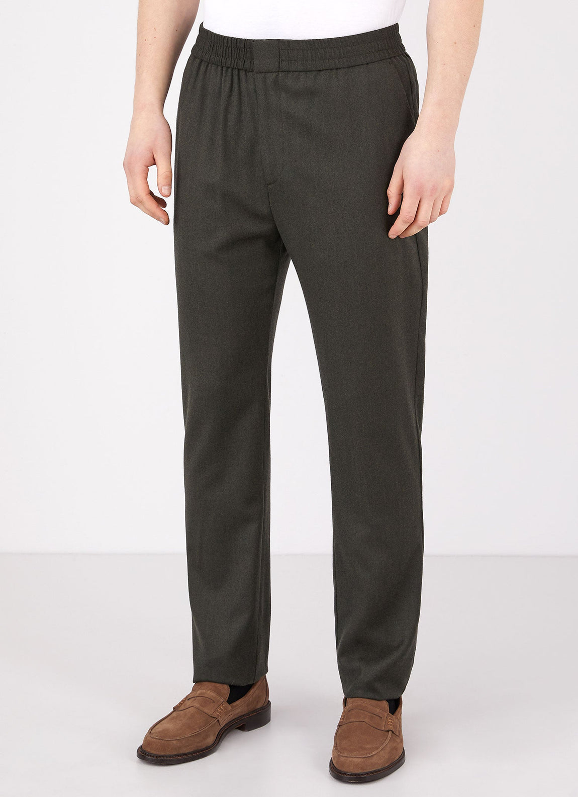 Men's Wool Flannel Drawstring Trouser in Dark Moss Melange