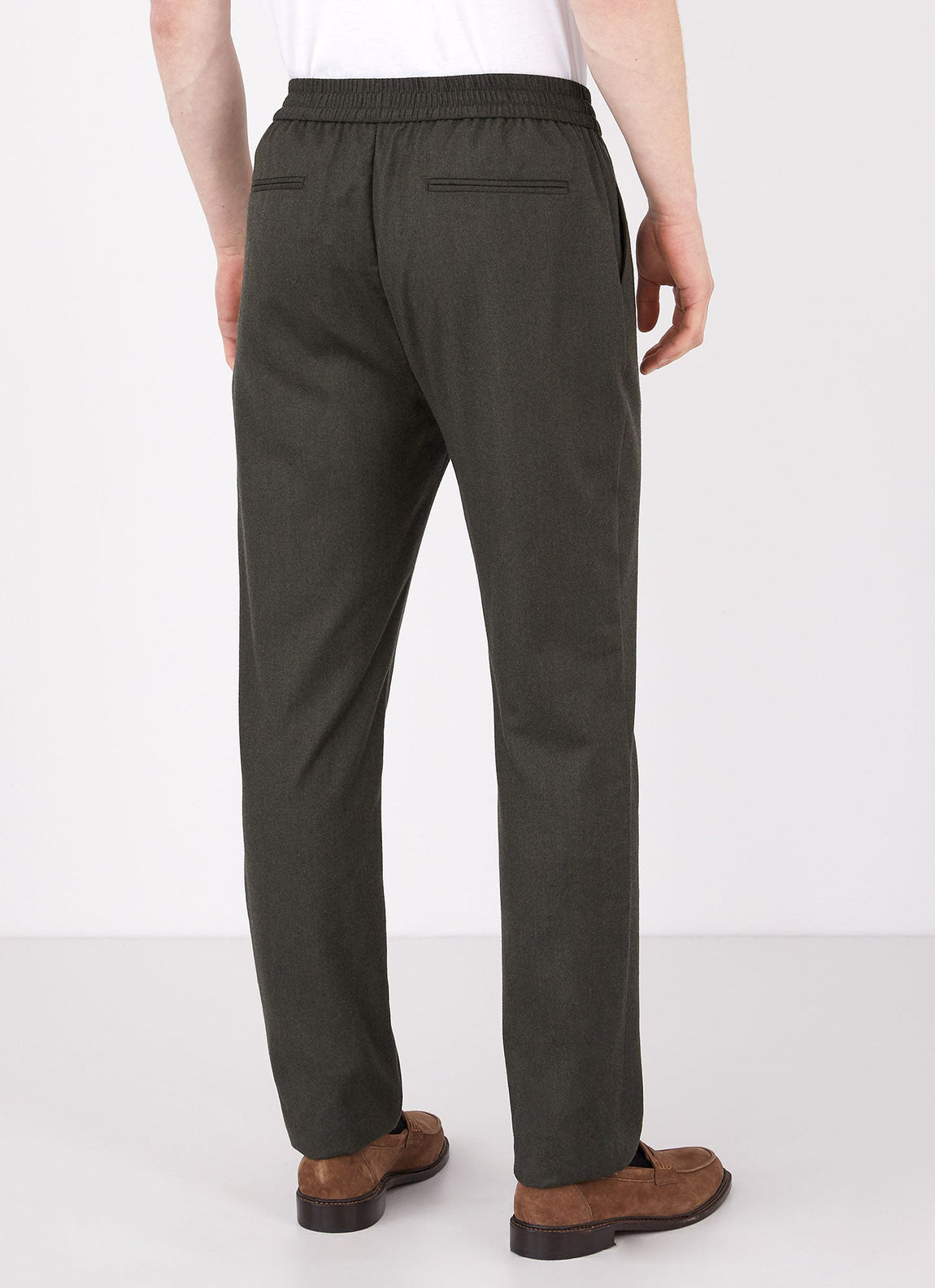 Men's Wool Flannel Drawstring Trouser in Dark Moss Melange