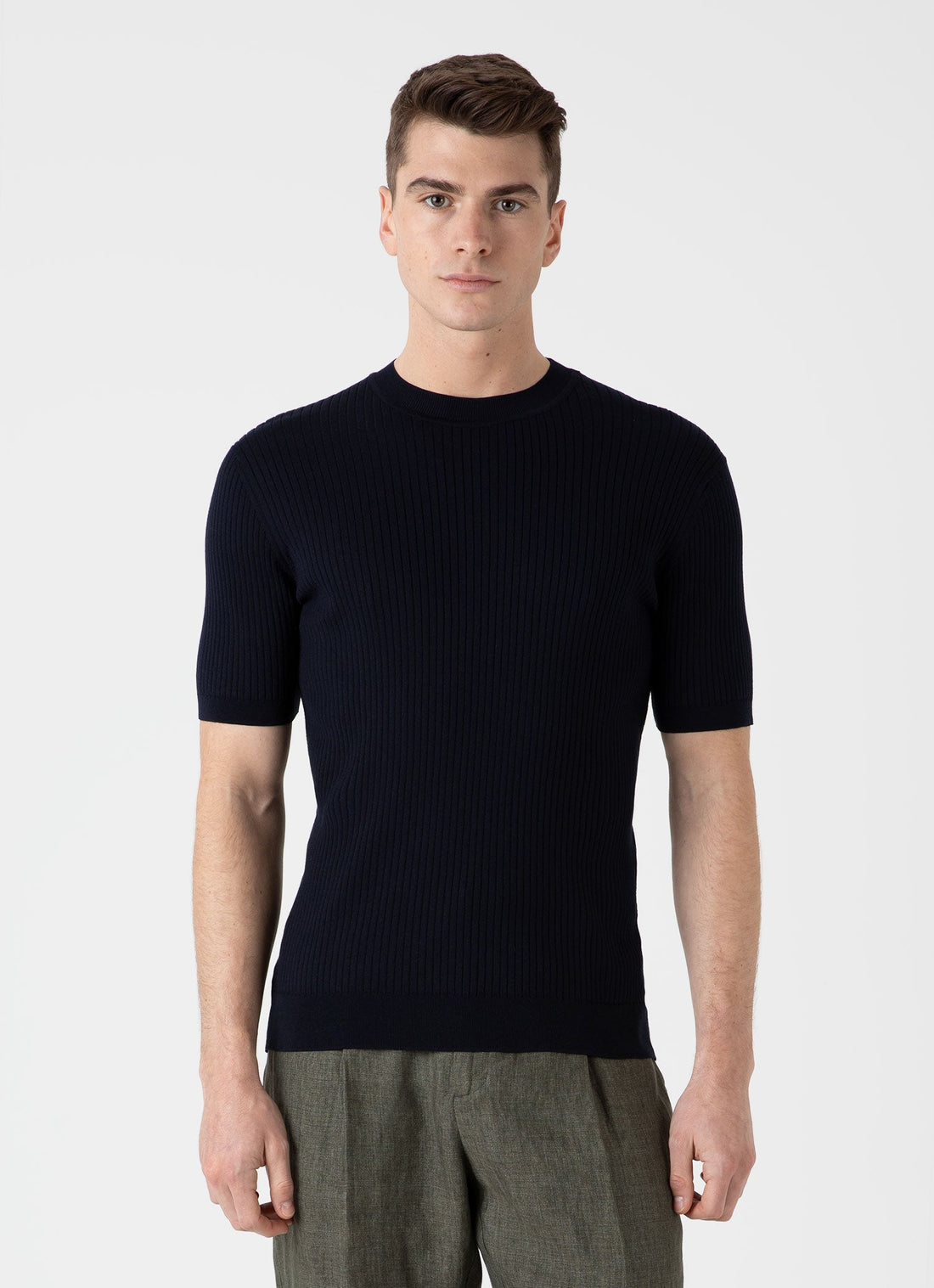 Men's Fine Rib Silk Cotton T-shirt in Navy