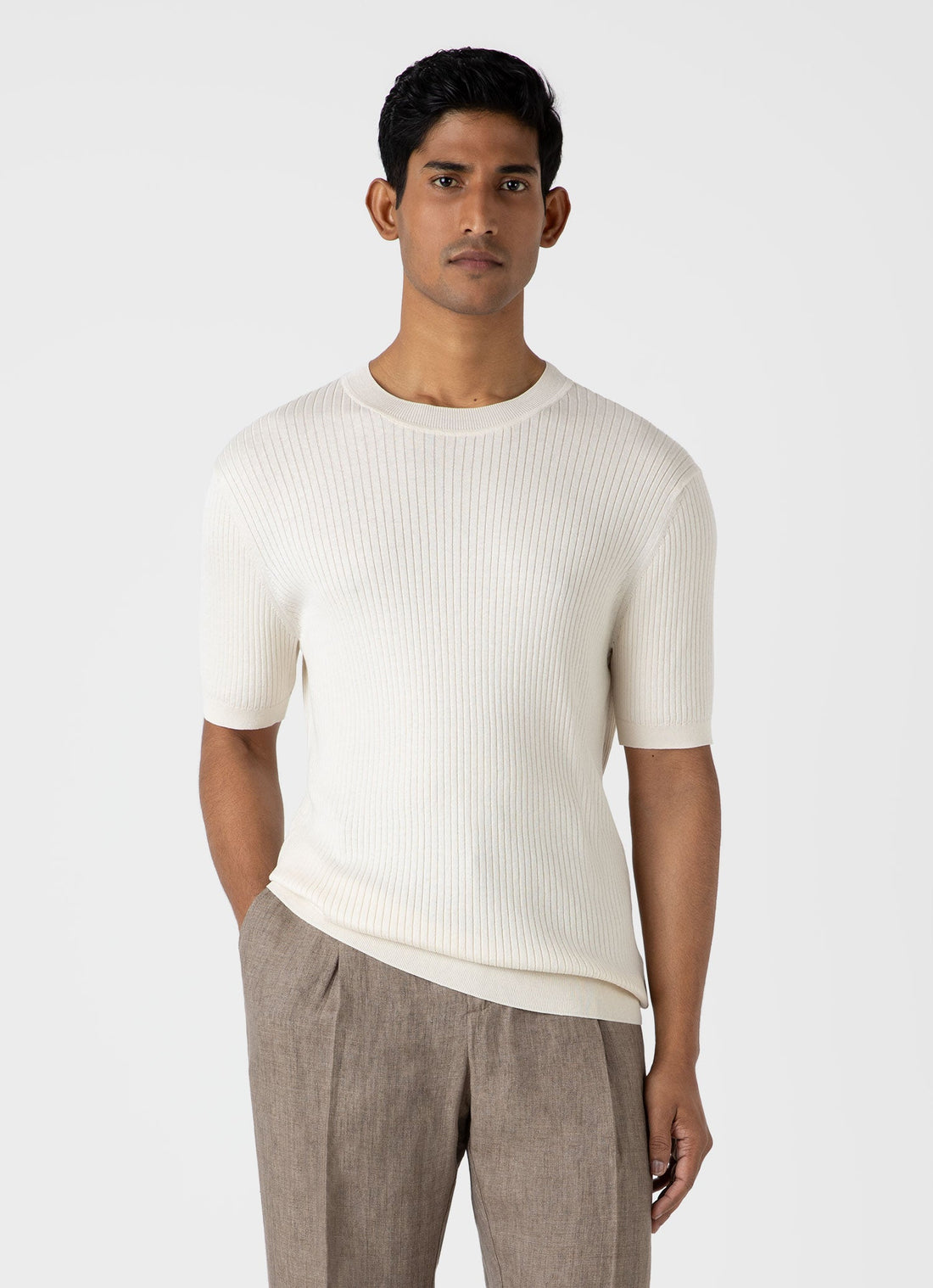 Men's Fine Rib Silk Cotton T-shirt in Ecru