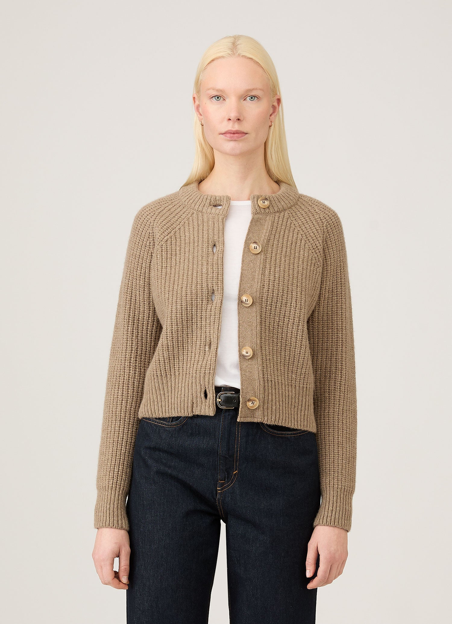 Women's Ribbed Crew Neck Cardigan in Mink