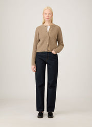 Women's Ribbed Crew Neck Cardigan in Mink