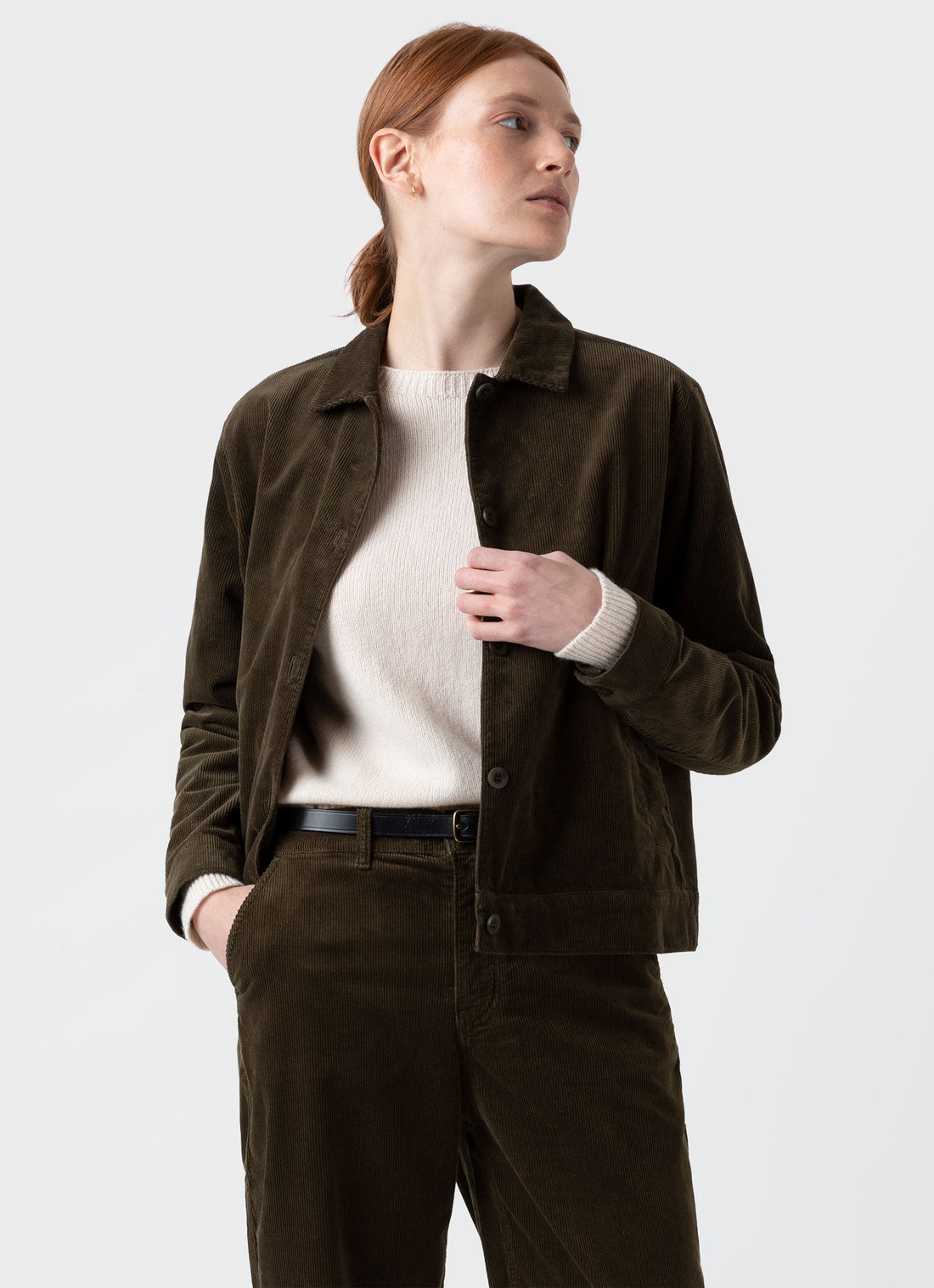 Women's Corduroy Boxy Jacket in Dark Moss