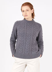 Women's Cable Crew Neck Jumper in Mid Grey Melange