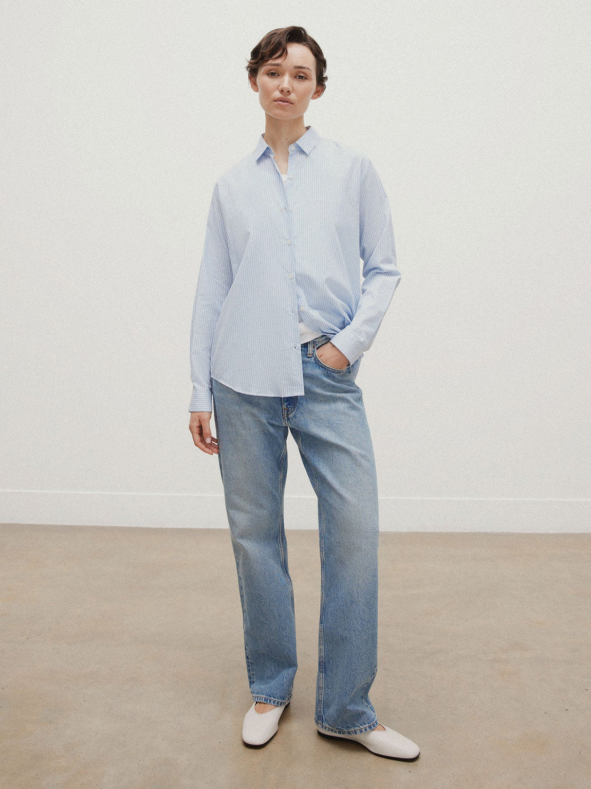 Women's Cotton Shirt in Light Blue/White