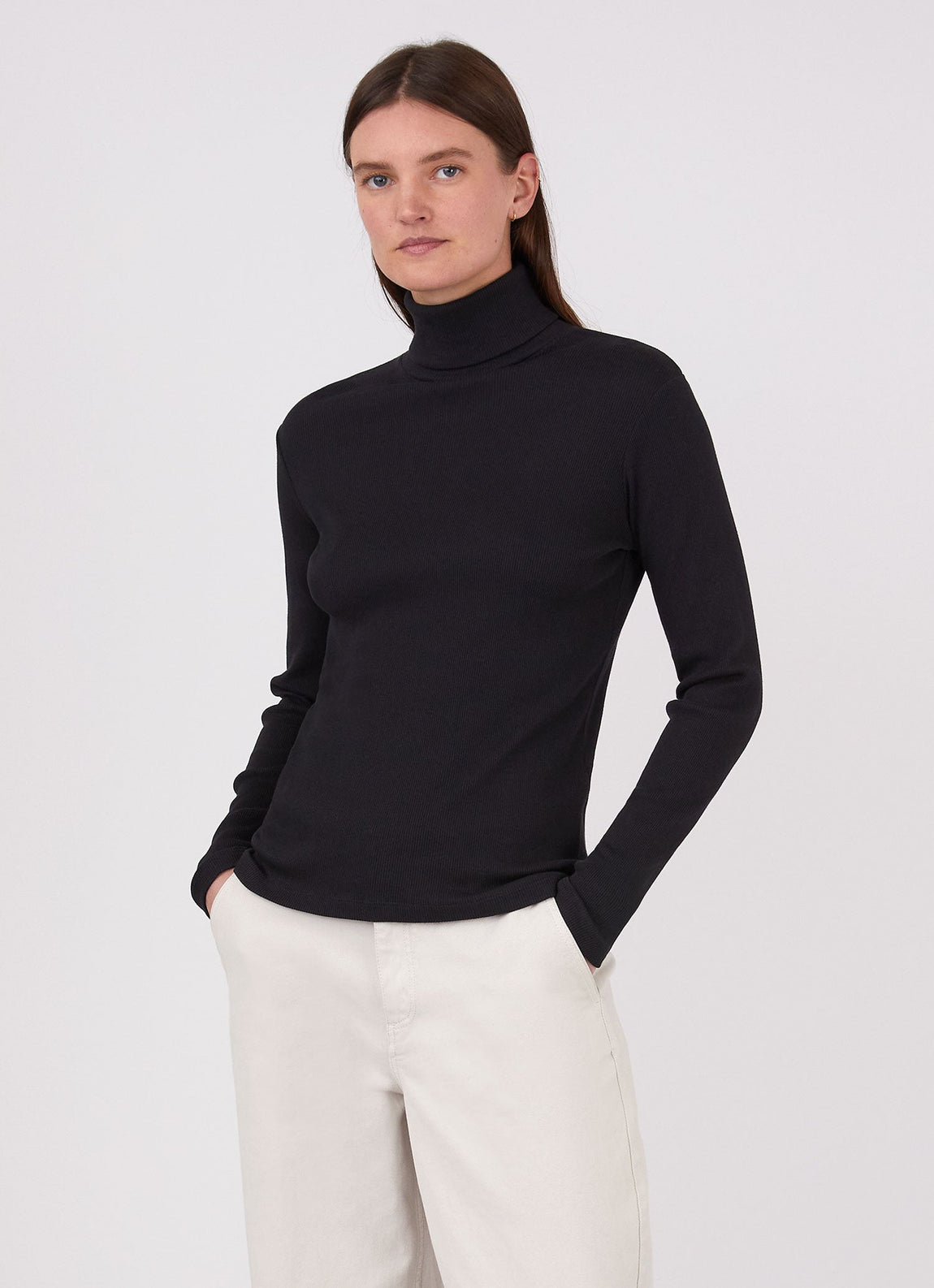 Women's Rib Roll Neck T-shirt in Black