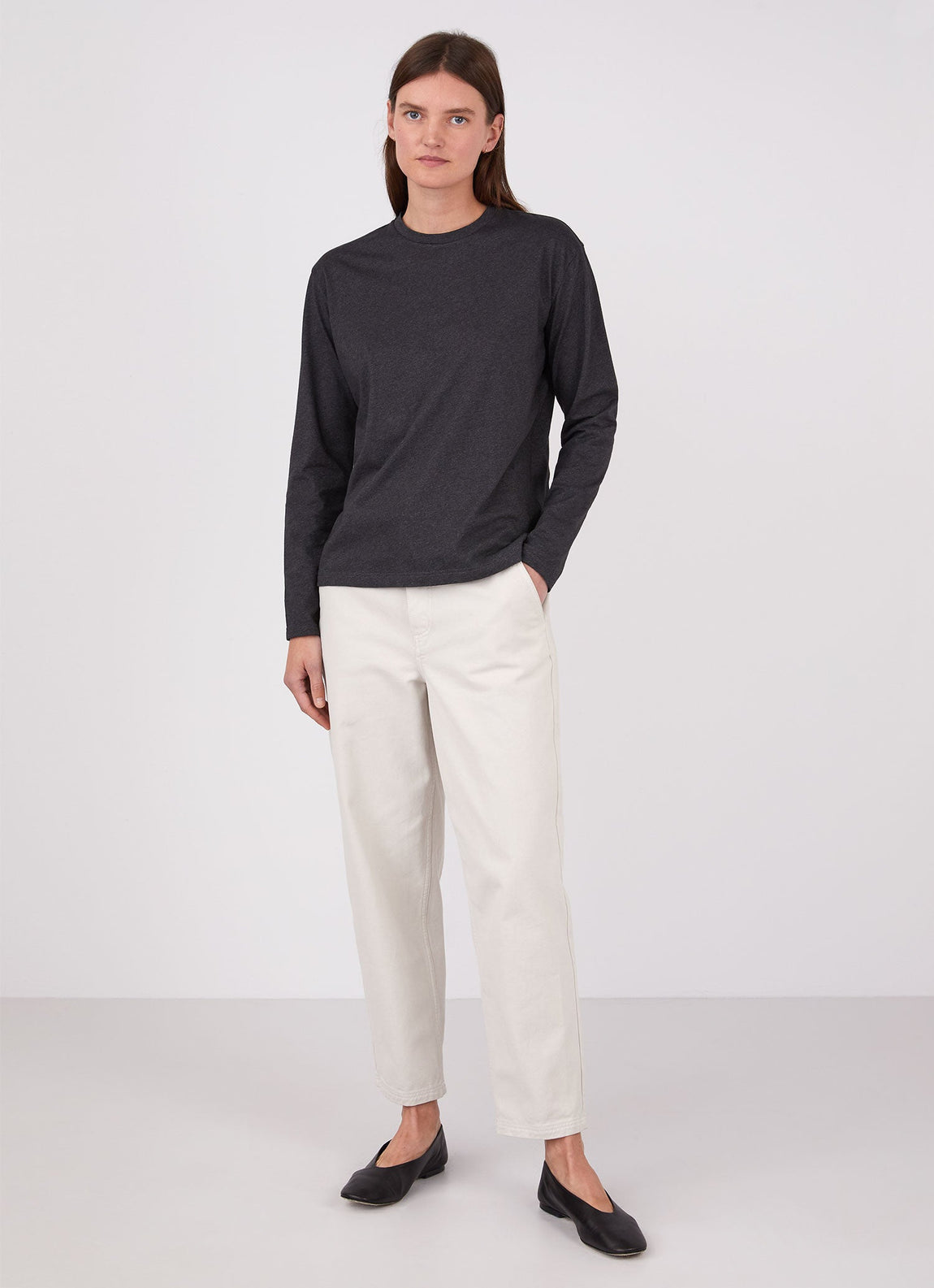 Women's Long Sleeve Boy Fit T-shirt in Charcoal Melange